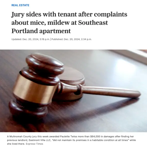oregonian front page article about tenants rights legal victory in multnomah county by underdog law