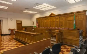 empty courtroom before a civil rights trial